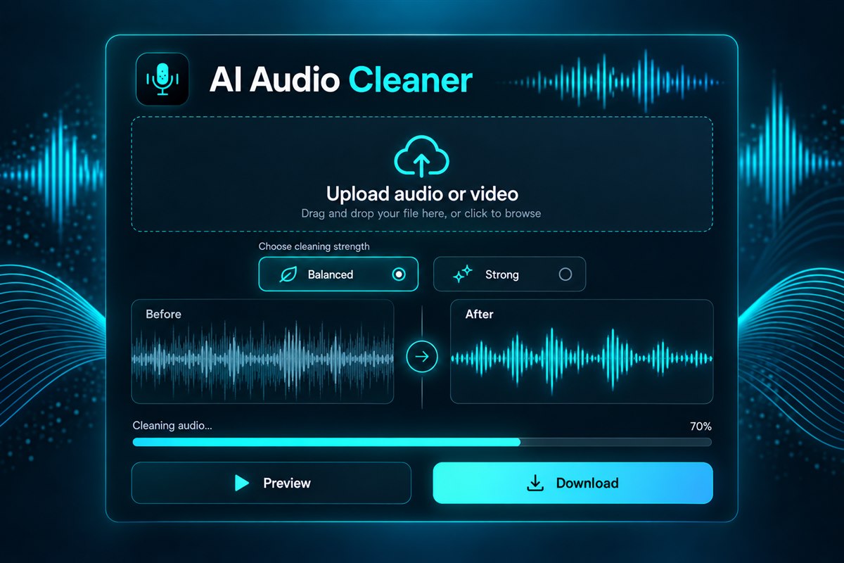 VoiceStockAI AI audio cleaner interface showing balanced and strong noise removal with before and after waveforms