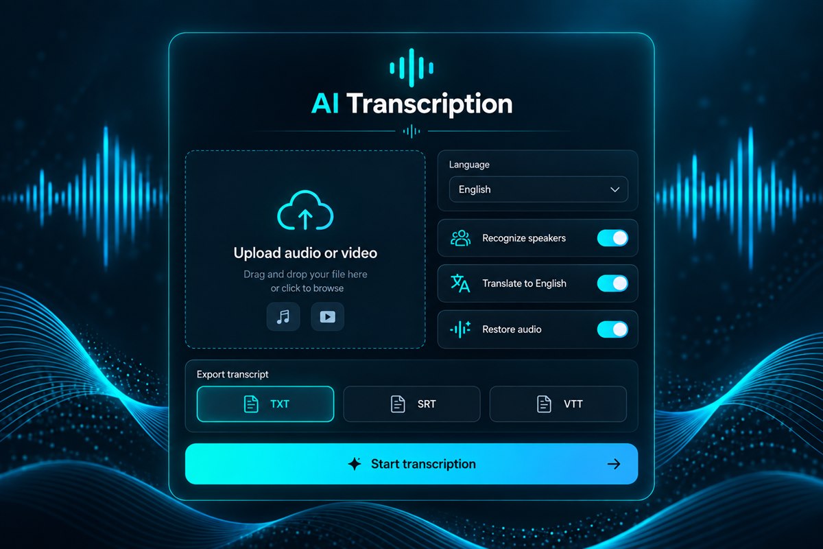 VoiceStockAI speech to text interface with media upload, language, speaker recognition and subtitle export options