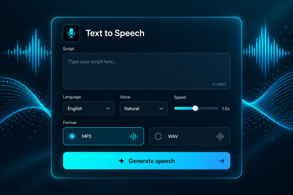 VoiceStockAI AI text to speech interface with script, language, voice, speed and audio format controls