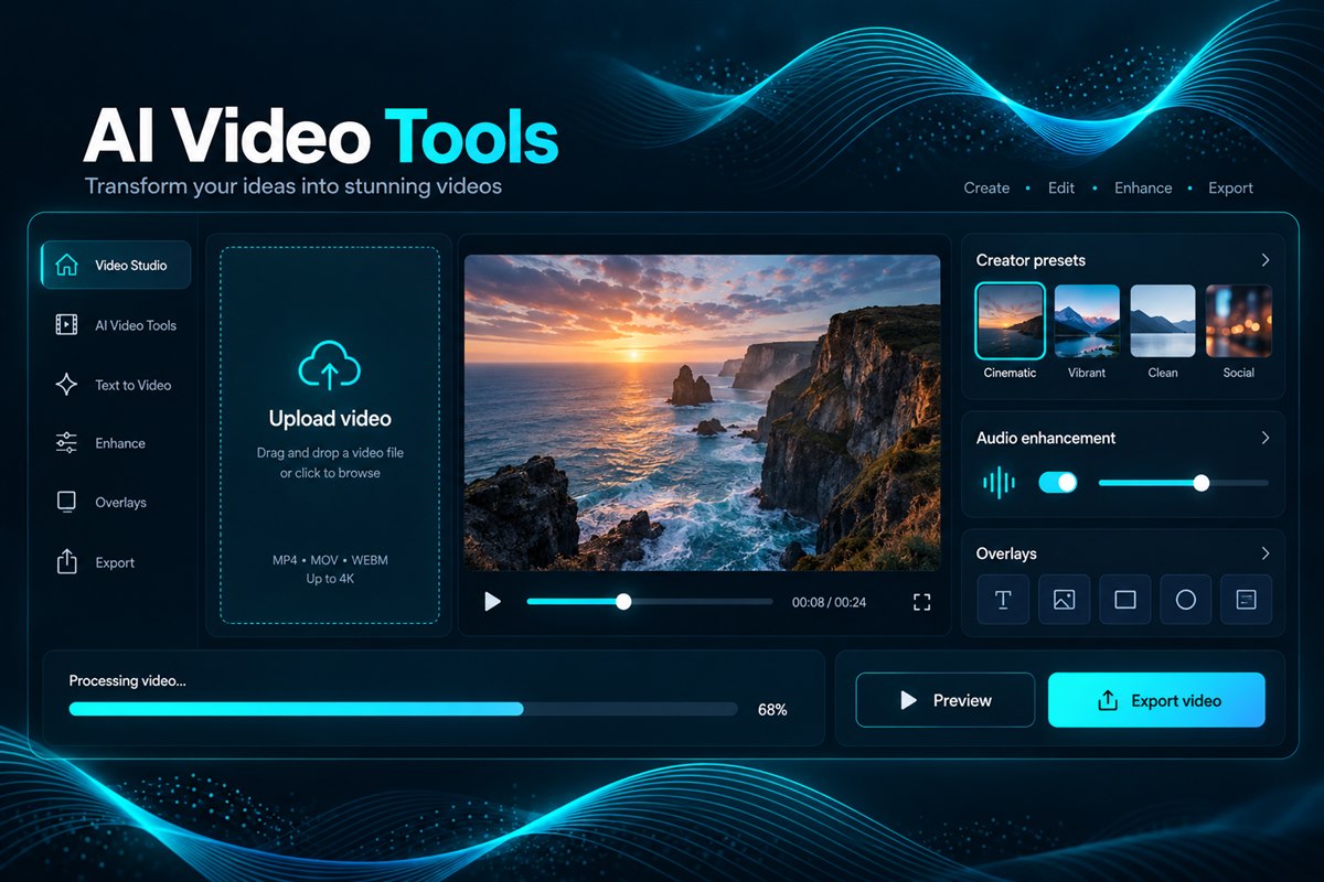 VoiceStockAI AI video tools interface with video preview, creator presets, overlays and audio enhancement